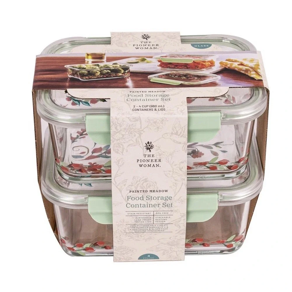 Pioneer Woman Glass Food Storage Container Set 4 Cup Floral Bowls NEW